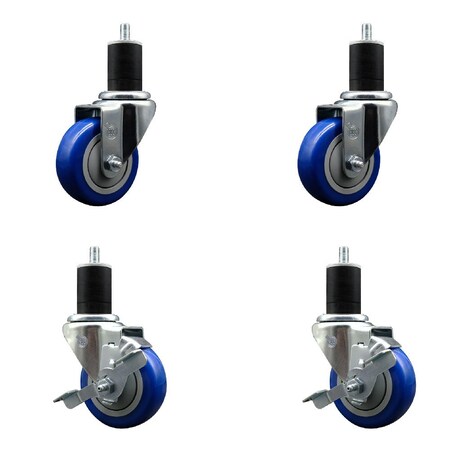 Service Caster 3.5'' Blue Poly Wheel Swivel 1-3/4'' Expanding Stem Caster Set 2 Brakes, 4PK SCC-EX20S3514-PPUB-BLUE-2-TLB-2-134
